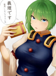 Rule 34 | 1girl, absurdres, alternate breast size, asymmetrical hair, blue eyes, blue vest, box, breasts, buttons, commentary request, epaulettes, gift, gift box, green hair, highres, holding, holding gift, juliet sleeves, large breasts, long sleeves, looking at viewer, no headwear, open mouth, puffy sleeves, raian macaroni, shiki eiki, short hair, simple background, solo, speech bubble, touhou, translated, upper body, v-shaped eyebrows, valentine, vest, white background, wide sleeves