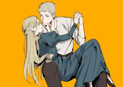 Rule 34 | 1boy, 1girl, aknr end, arm around waist, black footwear, black pants, blonde hair, blue dress, blush, braid, choker, commentary, dress, dungeon meshi, elf, french braid, frown, green eyes, hand on another&#039;s chin, highres, interlocked fingers, laios thorden, light blush, long hair, looking at another, marcille donato, o3o, pants, pointy ears, shirt, short hair, sitting, sitting on person, white shirt, yellow background, yellow eyes
