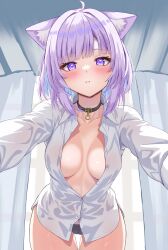 Rule 34 | 1girl, absurdres, black choker, black panties, blue hair, blush, breasts, cameltoe, choker, cleavage, cleft of venus, collarbone, colored inner hair, highres, hololive, long sleeves, looking at viewer, medium breasts, medium hair, multicolored hair, nekomata okayu, no bra, oniku (o29sukizero), open clothes, open shirt, panties, purple eyes, purple hair, shirt, solo, underwear, virtual youtuber, white shirt