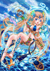 Rule 34 | 1girl, akari1205, anklet, armband, barefoot, blonde hair, blue eyes, bracelet, breasts, bubble, cleavage, feet, fish, hair ornament, highres, jewelry, legs, long hair, lots of jewelry, original, pointy ears, sky, smile, solo, staff, tattoo, twintails, very long hair, water