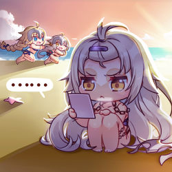 Rule 34 | ..., 3girls, :d, ;d, ahoge, bangs pinned back, bare arms, bare legs, bare shoulders, barefoot, beach, bell, bikini, black bikini, blonde hair, blue bikini, blue eyes, braid, brown eyes, chain, chasing, chibi, cloud, collarbone, fate/apocrypha, fate/grand order, fate (series), hair between eyes, hand mirror, hand on own knee, headpiece, holding, holding mirror, horizon, jeanne d&#039;arc (fate), jeanne d&#039;arc (ruler) (fate), jeanne d&#039;arc alter (avenger) (fate), jeanne d&#039;arc alter (fate), jeanne d&#039;arc alter santa lily (fate), long hair, looking at another, looking at mirror, looking back, low ponytail, mirror, mismatched bikini, multiple girls, nemovo, ocean, one eye closed, open mouth, outdoors, outstretched arms, running, sand, silver hair, single braid, sitting, sky, smile, spoken ellipsis, starfish, sunset, swimsuit, tan, tanline, very long hair, water, white bikini