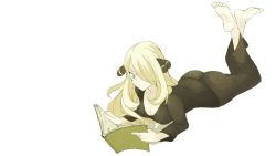 Rule 34 | 1girl, barefoot, black pants, blonde hair, book, breasts, cleavage, feet, holding, holding book, large breasts, long hair, lying, on stomach, open book, pants, pokemon, reading, simple background, smile, soles, solo, toes, white background, yellow eyes