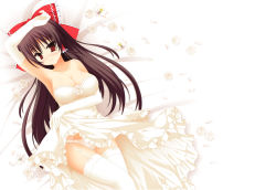 Rule 34 | 1girl, arm up, armpits, bare shoulders, blush, bow, breasts, bride, brown hair, cleavage, clothes lift, collarbone, dress, dress lift, elbow gloves, female focus, flower, garter belt, garter straps, gloves, hair bow, hair tubes, hakurei reimu, highres, kom (1323736), large breasts, long hair, looking at viewer, lying, on back, panties, red eyes, rose, skirt, smile, solo, thighhighs, touhou, underwear, very long hair, wedding dress, white dress, white flower, white gloves, white panties, white rose, white skirt, white thighhighs