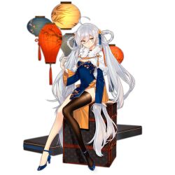 Rule 34 | 1girl, ahoge, black thighhighs, blue dress, blue footwear, breasts, capelet, china dress, chinese clothes, dress, expressionless, full body, fur-trimmed capelet, fur trim, girls&#039; frontline, hair between eyes, hair rings, hand up, high heels, lantern, long hair, long sleeves, looking to the side, medium breasts, no sense of shame, no socks, official alternate costume, official art, paper lantern, pkp (dignified bamboo) (girls&#039; frontline), pkp (girls&#039; frontline), playing with own hair, simple background, single thighhigh, sitting, solo, thighhighs, transparent background, twintails, very long hair, weapon case, white capelet, white hair, wide sleeves, yellow eyes