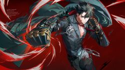 Rule 34 | 1boy, animal ears, black coat, black hair, black pants, black sleeves, clenched hand, closed mouth, coat, facial scar, gauntlets, genshin impact, hair between eyes, highres, long sleeves, male focus, multicolored hair, pants, punching, red background, scar, scar on cheek, scar on face, short hair, solo, streaked hair, tianxiaoye ansel.s, upper body, wriothesley (genshin impact)