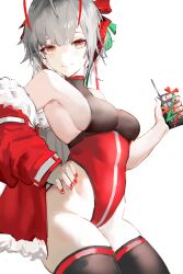 Rule 34 | 1girl, antennae, arknights, armpits, bare shoulders, black thighhighs, bow, breasts, christmas, closed mouth, controller, cowboy shot, eyeshadow, fur trim, gnai, grey hair, hair bow, hand on own hip, highleg, highleg leotard, highres, holding, jacket, leotard, long sleeves, looking at viewer, makeup, medium breasts, nail polish, off shoulder, red eyes, red eyeshadow, red jacket, red leotard, red nails, remote control, short hair, sideboob, simple background, smile, solo, standing, symbol-shaped pupils, thighhighs, thighs, two-tone leotard, w (arknights), white background