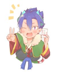 Rule 34 | 1boy, blue hair, blush, child, demon boy, highres, horns, japanese clothes, jiro myu, male focus, one eye closed, oonishi jiro, pointy ears, pop-up story, purple eyes, simple background, smile, solo, v, white background, ziz glover