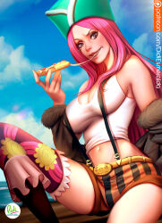 Rule 34 | 1girl, anti-eyebrow piercing, artist name, bare shoulders, cloud, cloudy sky, commentary, didi esmeralda, english commentary, food, green hat, hat, holding, holding food, holding pizza, jewelry bonney, lips, lipstick, long hair, makeup, midriff, navel, one piece, outdoors, patreon logo, patreon username, pink hair, pink lips, pizza, purple eyes, realistic, signature, sky, smile, solo, watermark, web address