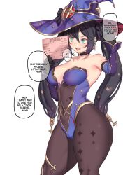Rule 34 | 1girl, aqua eyes, armpit peek, aster crowley, blush, breasts, cameltoe, cleavage, cleft of venus, covered erect nipples, curvy, dialogue box, english text, female focus, genshin impact, hair ornament, hat, highres, leotard, medium breasts, mona (genshin impact), nervous, nervous smile, open mouth, pantyhose, price, prostitution, smile, solo, speech bubble, standing, thick thighs, thighs, twintails, white background, wide hips, witch hat