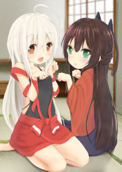 Rule 34 | 2girls, :d, ahoge, bare shoulders, black camisole, blush, brown eyes, brown hair, brown kimono, camisole, chiya (urara meirochou), commentary request, fang, green eyes, hair between eyes, hakama, hakama skirt, hands up, indoors, japanese clothes, kimono, long hair, long sleeves, looking at viewer, looking back, maru shion, multiple girls, open mouth, parted lips, purple hakama, red skirt, revision, seiza, short kimono, silver hair, sitting, skirt, smile, tatsumi kon, urara meirochou, very long hair, wide sleeves