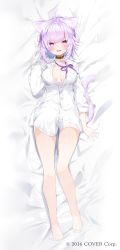 Rule 34 | 1girl, animal ears, bare legs, barefoot, bed sheet, black collar, blush, breasts, cat ears, cat girl, cat tail, collar, collared shirt, commentary request, copyright notice, dakimakura (medium), dress shirt, fang, full body, hand up, highres, hololive, kamioka shun&#039;ya, long sleeves, looking at viewer, lying, medium breasts, navel, nekomata okayu, nekomata okayu (oversized shirt), official alternate costume, official art, on back, open mouth, purple eyes, purple hair, shirt, sleeves past wrists, smile, solo, tail, virtual youtuber, watermark, white shirt