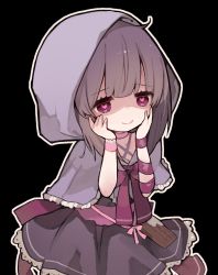 Rule 34 | 1girl, black dress, blush, bow, brown hair, cape, capelet, chocolate, choker, cloak, commission, commissioner upload, dress, fallenshadow, food-themed clothes, food-themed ornament, frilled dress, frills, grey cape, grey capelet, hair bow, hands on own face, heart, heart-shaped pupils, highres, hood, hood up, indie virtual youtuber, looking at viewer, medium hair, petite, pink bow, pink choker, pink eyes, pink ribbon, ribbon, ribbon choker, sakutake (ue3sayu), shaded face, sidelocks, simple background, single wrist cuff, skeb commission, smile, solo, symbol-shaped pupils, virtual youtuber, waist bow, wrist cuffs, yandere
