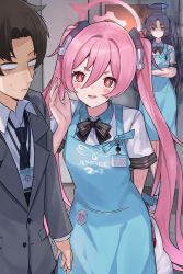 1boy 2girls absurdres angry apron aura blue_archive blue_eyes blue_hair dark_aura empty_eyes formal_clothes highres jealous koyuki_(blue_archive) looking_at_another mi_taro333 multiple_girls nervous sensei_(blue_archive) sensei_(blue_archive_the_animation) shaded_face smile solo_focus suit twintails whispering yandere yuuka_(blue_archive)