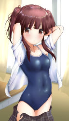 Rule 34 | 1girl, arms behind head, black skirt, blue one-piece swimsuit, brown eyes, brown hair, competition school swimsuit, cowboy shot, desk, highres, idolmaster, idolmaster cinderella girls, idolmaster cinderella girls starlight stage, kuroba aki, looking at viewer, new school swimsuit, ogata chieri, one-piece swimsuit, open clothes, open shirt, plaid, plaid skirt, pleated skirt, school desk, school swimsuit, school uniform, skirt, unworn skirt, solo, swimsuit, twintails, window