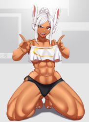 Rule 34 | 1girl, 2022, abs, absurdres, animal ears, bare shoulders, barefoot, black shorts, boku no hero academia, breasts, castell, clothes lift, crescent print, crop top, dark-skinned female, dark skin, hair bun, hands up, highres, kneeling, large breasts, lifted by self, long eyelashes, looking at viewer, midriff, mirko, muscular, muscular female, nail polish, navel, parted bangs, rabbit ears, rabbit girl, red eyes, shiny skin, shirt lift, short shorts, shorts, side slit, side slit shorts, sidelocks, signature, single hair bun, smile, solo, spaghetti strap, thick thighs, thighs, toenail polish, toenails, toes, toned, tongue, tongue out, underboob, white hair, white nails, wide hips
