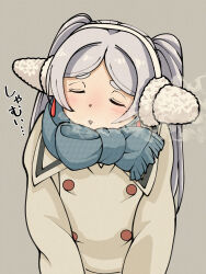 Rule 34 | 1girl, a-king, blush, breath, buttons, closed eyes, commentary, dangle earrings, double-breasted, earmuffs, earrings, elf, facing viewer, frieren, grey background, grey hair, highres, jewelry, long hair, long sleeves, open mouth, parted bangs, pointy ears, scarf, simple background, solo, sousou no frieren, translated, twintails, upper body, winter clothes
