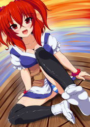 Rule 34 | 1girl, amau (kosmos), bad id, bad pixiv id, black thighhighs, blush, breasts, cleavage, fang, feet, female focus, hair bobbles, hair ornament, medium breasts, onozuka komachi, open mouth, panties, red eyes, red hair, short hair, solo, striped clothes, striped panties, tabi, thighhighs, touhou, twintails, two side up, underwear