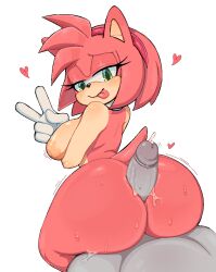 Rule 34 | 1boy, 1girl, amy rose, animal ears, animal nose, ass, blush, breasts, buttjob, closed mouth, cum, erection, furry, furry female, furry with non-furry, gloves, green eyes, hairband, heart, hedgehog ears, hedgehog girl, hedgehog tail, hetero, huge ass, ichig8miruku, interspecies, large breasts, large penis, looking back, looking down, penis, pink fur, pink hair, red hairband, short hair, smile, solo focus, sonic (series), tail, thick thighs, thighs, tongue, tongue out, white gloves, wide hips