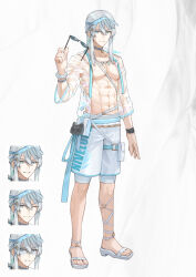 Rule 34 | 1boy, ;), abs, black choker, blue headwear, choker, closed mouth, collarbone, copyright request, expressions, unworn eyewear, grey hair, hand up, holding, holding removed eyewear, hu kotora, jacket, long hair, long sleeves, male focus, male swimwear, navel, one eye closed, open clothes, open jacket, parted lips, sandals, see-through, smile, standing, sunglasses, swim trunks, turn pale, visor cap, white footwear, white male swimwear