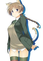Rule 34 | 1girl, absurdres, ahoge, animal ears, blue eyes, blush, braid, brown hair, brown sweater, brown thighhighs, cat ears, cat tail, collared shirt, gluteal fold, green jacket, green thighhighs, hair ribbon, hatakenaka (kamagabuchi), highres, jacket, long hair, long sleeves, looking at viewer, lynette bishop, necktie, outline, ribbon, shirt, simple background, single braid, skindentation, smile, solo, strike witches, striped clothes, striped thighhighs, sweater, tail, thighhighs, v-neck, white background, white shirt, world witches series