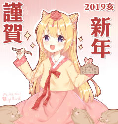 Rule 34 | 1girl, :d, animal, bad id, bad pixiv id, blonde hair, blush, blush stickers, boar, braid, calligraphy brush, chinese zodiac, commentary request, ema, floral print, gradient background, hair between eyes, hairband, hanbok, happy new year, highres, holding, holding paintbrush, korean clothes, light (luxiao deng), long hair, new year, open mouth, original, paintbrush, pink background, pink hairband, pink skirt, print skirt, purple eyes, rose print, side braid, single braid, skirt, smile, solo, very long hair, white background, year of the pig