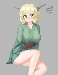 Rule 34 | 1girl, absurdres, blonde hair, blue eyes, breasts, colorado (kancolle), cosplay, dated, feet out of frame, green hakama, green kimono, grey background, hakama, hakama short skirt, hakama skirt, headgear, highres, invisible chair, japanese clothes, kantai collection, kimono, large breasts, maru (marg0613), short hair, simple background, sitting, skirt, solo, souryuu (kancolle), souryuu (kancolle) (cosplay), twitter username