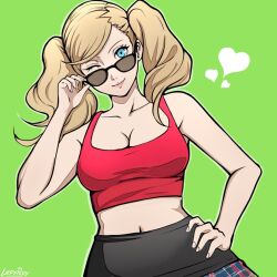 Rule 34 | 1girl, blonde hair, blue eyes, breasts, cleavage, green background, hand on own hip, heart, lepypepy, looking at viewer, navel, one eye closed, persona, persona 5, red tank top, smile, solo, sunglasses, takamaki anne, tank top, twintails