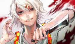 Rule 34 | 1boy, blood, gradient background, grey background, grin, hair ornament, hairclip, half-closed eye, hands up, highres, holding, holding knife, holding weapon, knife, kyuuba melo, male focus, shirt, short hair, smile, solo, stitches, suspenders, suzuya juuzou, teeth, tokyo ghoul, weapon, white shirt, x hair ornament