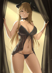 Rule 34 | 1girl, arknights, babydoll, bare arms, bare shoulders, black choker, black panties, blonde hair, breasts, choker, cleavage, commentary, cowboy shot, curtains, english commentary, groin, hands up, horns, large breasts, light particles, lingerie, long hair, looking at viewer, meteorite (arknights), navel, nev (nevblindarts), panties, parted lips, side-tie panties, solo, standing, stomach, thighs, underwear, yellow eyes