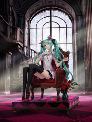 Rule 34 | 1girl, absurdres, aqua eyes, aqua hair, black thighhighs, crown, dress, flower, full body, grin, hand on own chest, hatsune miku, high heels, highres, long hair, mini crown, petals, red flower, red footwear, red rose, redjuice, rose, rose petals, short sleeves, sitting, smile, solo, supreme (module), thighhighs, throne, twintails, very long hair, vocaloid, white dress, world is mine (vocaloid)