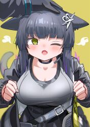 Rule 34 | 1girl, 1other, ;o, animal ears, arknights, black hair, black jacket, black skirt, blush, breasts, brown background, cat ears, cat girl, cat tail, cleavage, doctor (arknights), ear piercing, fang, grey shirt, headpat, headset, highres, jacket, jessica (arknights), large breasts, long sleeves, multicolored hair, one eye closed, open clothes, open jacket, open mouth, out of frame, piercing, pleated skirt, puffy long sleeves, puffy sleeves, purple hair, shirt, simple background, skirt, solo focus, spam (spamham4506), streaked hair, sweat, tail