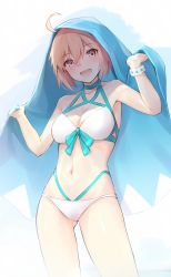 Rule 34 | 1girl, :d, absurdres, ahoge, armpits, bad id, bad pixiv id, bare arms, bare shoulders, bee doushi, bikini, blush, breasts, brown eyes, cleavage, commentary request, fate/grand order, fate (series), gluteal fold, hair between eyes, hands up, highres, light brown hair, medium breasts, navel, okita j. souji (fate), okita j. souji (third ascension) (fate), okita souji (fate), okita souji (koha-ace), open mouth, short hair, smile, solo, standing, swimsuit, white background, white bikini