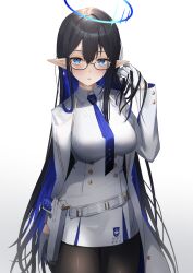 Rule 34 | 1girl, absurdres, belt, black hair, blue archive, blue eyes, blue hair, blue necktie, breasts, coat, collared dress, colored inner hair, dress, e buki, glasses, gloves, halo, hand in own hair, hand up, highres, holster, holstered, large breasts, long hair, multicolored hair, necktie, pantyhose, pointy ears, rin (blue archive), semi-rimless eyewear, white background, white belt, white coat, white gloves