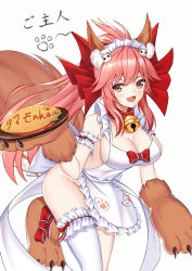 Rule 34 | 1girl, animal ears, animal hands, apron, bell, blush, breasts, cleavage, collar, commentary request, fate/grand order, fate (series), flan (f l an), food, fox ears, fox tail, gloves, hair ribbon, highres, large breasts, long hair, looking at viewer, naked apron, neck bell, omelet, omurice, open mouth, paw gloves, pink hair, ponytail, ribbon, simple background, single thighhigh, solo, tail, tamamo (fate), tamamo cat (fate), tamamo cat (third ascension) (fate), thighhighs, white background, white thighhighs