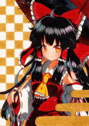 Rule 34 | 1girl, ahoge, ascot, bad id, bad pixiv id, bare shoulders, black hair, bow, breasts, checkered background, closed mouth, cowboy shot, detached sleeves, frilled ascot, frilled bow, frilled hair tubes, frills, hair bow, hair tubes, hakurei reimu, holding, holding umbrella, long hair, looking at viewer, oil-paper umbrella, orange ascot, orange eyes, qqqrinkappp, red bow, red ribbon, red shirt, red skirt, ribbon, ribbon-trimmed sleeves, ribbon trim, sarashi, shirt, skirt, skirt set, sleeveless, sleeveless shirt, small breasts, solo, touhou, traditional media, umbrella, wide sleeves