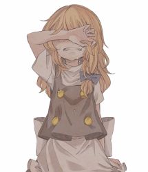 Rule 34 | 1girl, apron, arm up, blonde hair, bow, braid, clenched teeth, clothes grab, covering face, covering own eyes, crying, despair, dripping, grimace, hair bow, iiha toobu, kirisame marisa, long hair, muted color, no headwear, sad, single braid, sobbing, solo, tears, teeth, touhou, turtleneck, vest, waist apron, wiping tears