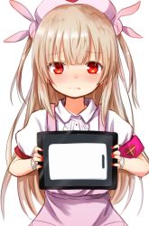 Rule 34 | &gt; &lt;, 1girl, apron, armband, baram, blush, center frills, collared shirt, cutting board, fang, fang out, fingernails, frills, hair between eyes, hair ornament, hat, heart, holding, light brown hair, long hair, looking at viewer, nail polish, natori sana, nose blush, nurse cap, pink apron, pink hat, puffy short sleeves, puffy sleeves, rabbit hair ornament, red eyes, red nails, sana channel, shirt, short sleeves, simple background, solo, tablet pc, two side up, very long hair, virtual youtuber, white background, white shirt
