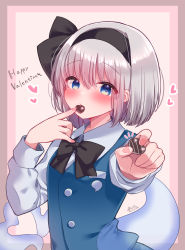 Rule 34 | 1girl, artist name, black bow, black hairband, black ribbon, blue eyes, blush, bob cut, bow, chocolate, collared shirt, commentary request, eating, english text, food, giving, green vest, hair ribbon, hairband, happy valentine, heart, highres, hitodama print, holding, holding food, konpaku youmu, konpaku youmu (ghost), long sleeves, looking at viewer, notice lines, otowa (otoha4634), partial commentary, ribbon, shirt, short hair, signature, silver hair, solo, touhou, valentine, vest, white shirt