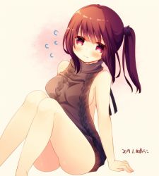 Rule 34 | 1girl, 2017, aran sweater, artist name, azu torako, backless dress, backless outfit, bad id, bad twitter id, beige background, blush, breasts, brown hair, cable knit, cat hair ornament, closed mouth, dated, dress, embarrassed, flying sweatdrops, hair ornament, halterneck, knees up, long hair, looking at viewer, medium breasts, meme attire, one side up, original, purple eyes, side ponytail, sideboob, signature, simple background, sitting, solo, sweater, sweater dress, thighs, turtleneck, turtleneck sweater, virgin killer sweater