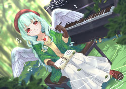 Rule 34 | 1girl, angel wings, beamed eighth notes, book, brown footwear, brown gloves, character request, day, dutch angle, feathered wings, forest, gloves, green hair, hat, highres, holding, holding pen, instrument, jewelry, leaf, long hair, long skirt, musical note, nature, necklace, open book, outdoors, peanutcian, pen, piano, piano bench, red hair, red headwear, sitting, skirt, virtual youtuber, white skirt, white wings, wings