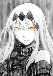 Rule 34 | 10s, 1girl, abyssal ship, aircraft carrier water oni, bad id, bad pixiv id, detached sleeves, hairband, kantai collection, long hair, looking at viewer, miso dengaku (donadonaton), monochrome, orange eyes, pale skin, ribbed sweater, sidelocks, solo, spot color, sweater, twitter username, white hair