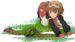 Rule 34 | 00s, 1girl, book, boots, brown hair, fingerless gloves, gloves, goggles, green eyes, open mouth, rita mordio, scorpion, short hair, tales of (series), tales of vesperia, thighhighs