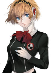 Rule 34 | 1girl, absurdres, aegis (persona), android, black jacket, black shirt, blonde hair, blue eyes, bow, bowtie, closed mouth, collared shirt, gekkoukan high school uniform, hair between eyes, hair ornament, hairband, hand on own chest, headphones, highres, jacket, joints, lips, long sleeves, looking at viewer, persona, persona 3, pertex 777, pink lips, red bow, red bowtie, robot, robot ears, robot joints, school uniform, shirt, short hair, simple background, smile, solo, uniform, upper body, white background, white shirt, wing collar