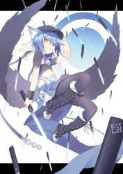 Rule 34 | 1girl, animal ears, bad id, bad pixiv id, black pantyhose, black wings, blue hair, boots, cat ears, cross-laced footwear, hand on headwear, hat, holding, katou itsuwa, knee boots, knife, letterboxed, looking at viewer, low wings, midriff, original, outside border, pantyhose, short hair, skirt, smile, solo, too many, too many knives, wings, yellow eyes