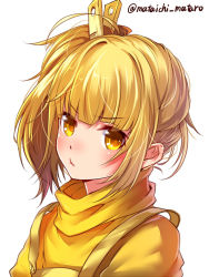 Rule 34 | 1girl, artist name, blonde hair, blush, hair ornament, looking at viewer, mataichi mataro, ole tower, pout, shirt, simple background, solo, upper body, white background, yellow eyes, yellow shirt