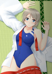 Rule 34 | 10s, 1girl, blue eyes, blue one-piece swimsuit, competition swimsuit, cowboy shot, grey hair, highres, japanese clothes, looking at viewer, love live!, love live! sunshine!!, lying, miko, one-piece swimsuit, sano souichi, short hair, solo, swimsuit, swimsuit under clothes, tatami, watanabe you