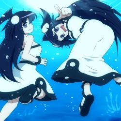 Rule 34 | 2girls, :d, ahoge, ass, bangle, bare shoulders, barefoot sandals (jewelry), bent over, black eyes, black hair, blue eyes, borrowed character, bracelet, breasts, dress, fins, head fins, jewelry, kneepits, long dress, long hair, looking at viewer, multiple girls, open mouth, orca, original, personification, pointing, pointing at viewer, sandals, shinsha-chan, shirosato, siblings, sisters, smile, strapless, strapless dress, twins, two side up, underwater, very long hair