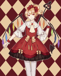 Rule 34 | 1girl, absurdres, alternate costume, alternate hairstyle, argyle, argyle background, argyle clothes, bad id, bad pixiv id, blonde hair, bow, collar, dress, flandre scarlet, frilled collar, frilled shirt collar, frills, hair bow, highres, holding, laevatein, lolita fashion, looking at viewer, nanairo, outline, pantyhose, red bow, red eyes, short hair, side ponytail, solo, standing, touhou, white pantyhose, wings, wrist cuffs
