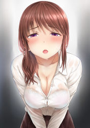 Rule 34 | 1girl, :o, black skirt, blush, bra, bra visible through clothes, breasts, brown hair, button gap, cleavage, collarbone, hair over shoulder, highres, idolmaster, idolmaster cinderella girls, lace, lace-trimmed bra, lace trim, looking at viewer, medium breasts, mifune miyu, naharyou, open collar, own hands together, red eyes, shirt, side ponytail, simple background, skirt, solo, underwear, wet, wet clothes, wet hair, wet shirt, white shirt