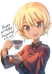 Rule 34 | 1girl, :d, artist name, blonde hair, blue eyes, braid, character name, commentary, cup, darjeeling (girls und panzer), dated, english text, epaulettes, girls und panzer, happy birthday, highres, holding, holding cup, holding saucer, insignia, jacket, kuroneko douji, long sleeves, looking at viewer, military, military uniform, open mouth, red jacket, saucer, short hair, simple background, smile, solo, st. gloriana&#039;s military uniform, teacup, twin braids, uniform, white background